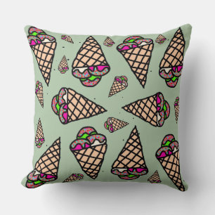 Original hand drawing Kawaii Ice cream green Throw Pillow