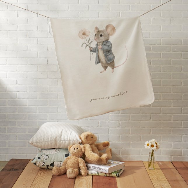 Original Hand Painted Mouse Holding Flower Nursery Baby Blanket (In Situ)