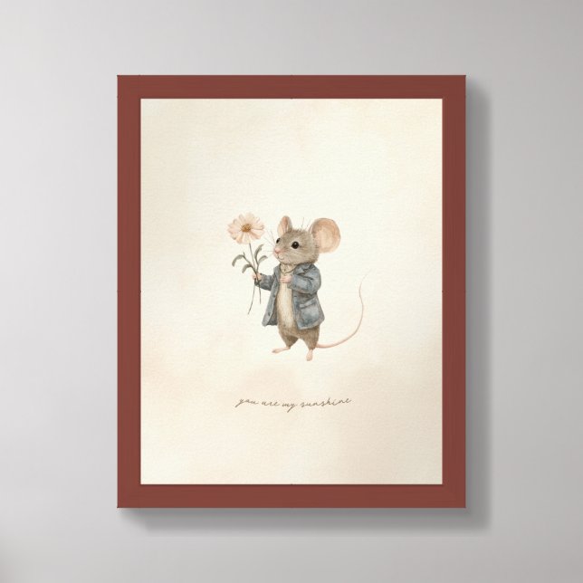 Original Hand Painted Mouse Holding Flower Nursery Framed Art (Framed Front)