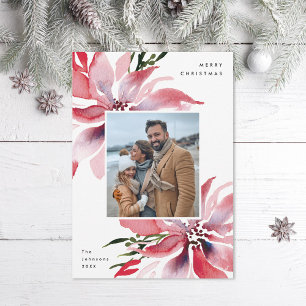 Original Hand Painted Watercolor Poinsettias Photo Holiday Card