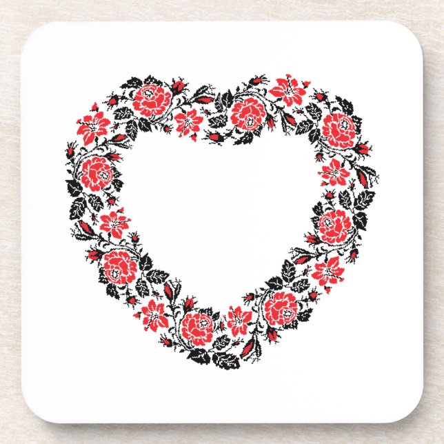 Original Heart of cross-stitch red rose flowers Beverage Coaster (Front)