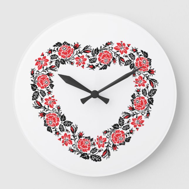 Original Heart of cross-stitch red rose flowers Large Clock (Front)