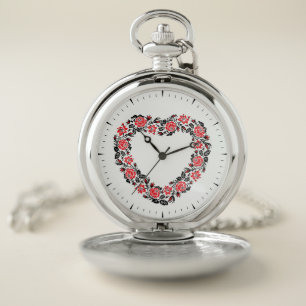 Original Heart of cross-stitch red rose flowers Pocket Watch