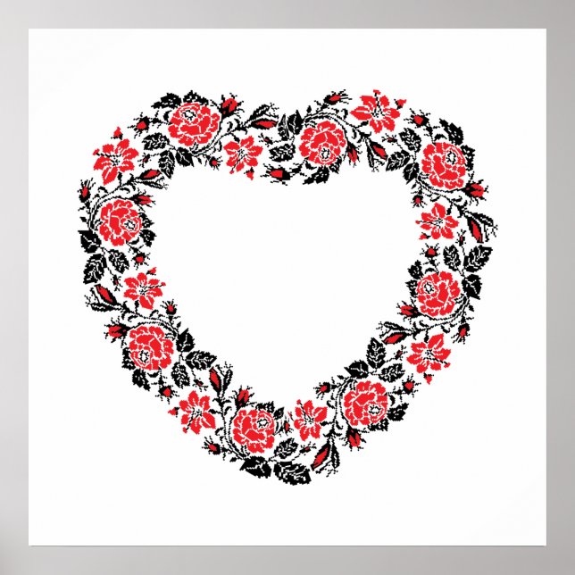 Original Heart of cross-stitch red rose flowers Poster (Front)