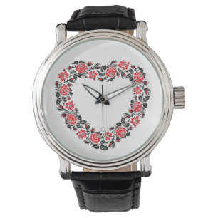 Original Heart of cross-stitch red rose flowers Watch