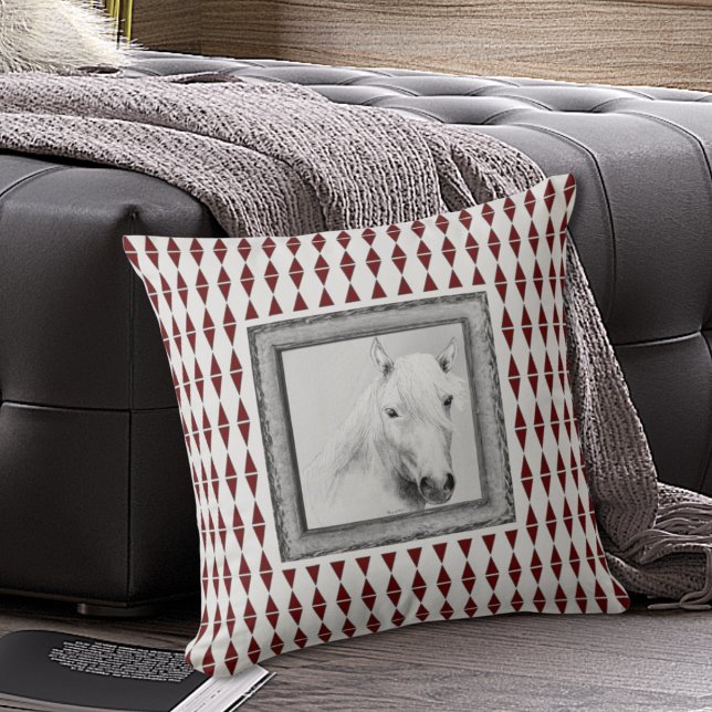 Original Horse Spirit Animal Black White Drawing Throw Pillow (Creator Uploaded)