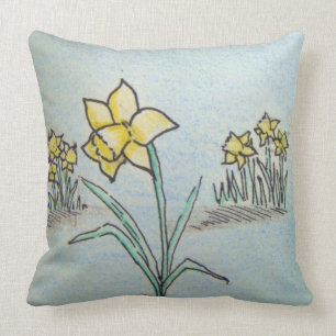 original ink and crayon sketch of yellow daffodils throw pillow
