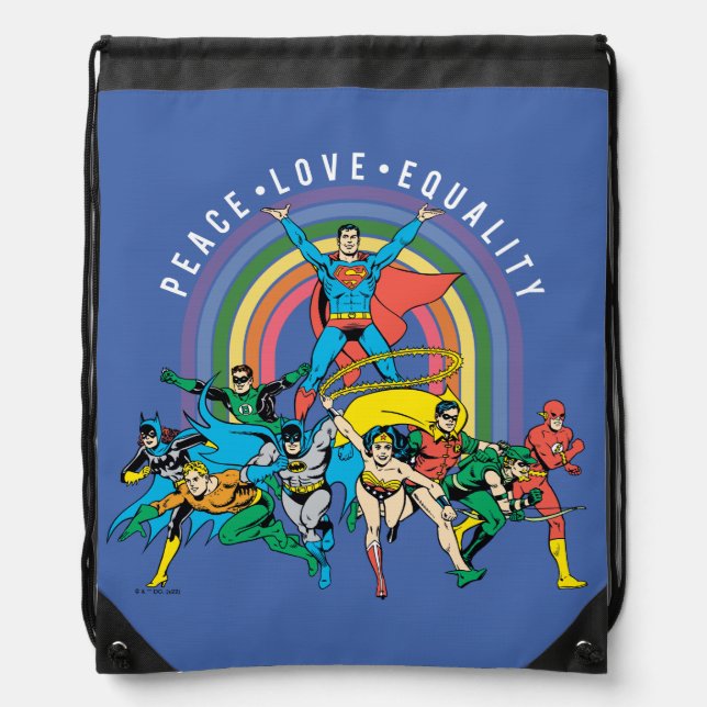 Original Justice League - Peace, Love, Equality Drawstring Bag (Front)