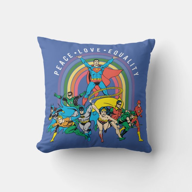 Original Justice League - Peace, Love, Equality Throw Pillow (Front)