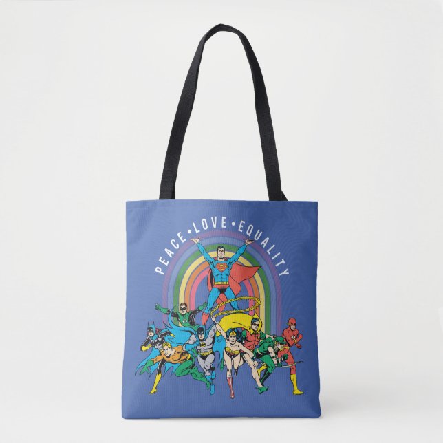 Original Justice League - Peace, Love, Equality Tote Bag (Front)
