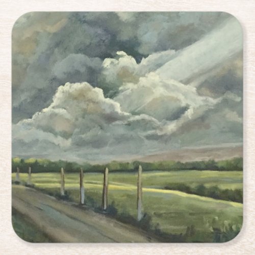 Original Oil Painting of Clouds Sun Field  Road Square Paper Coaster