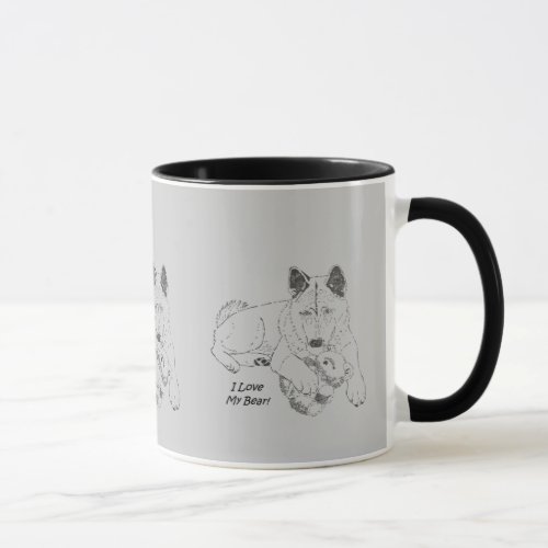 original outline drawing of teddy bear and akita mug