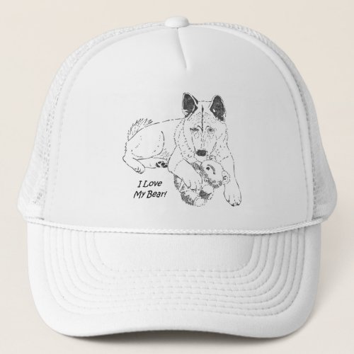 original outline drawing of teddy bear and akita trucker hat