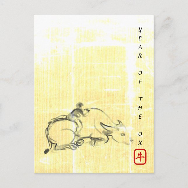 Original painting Water Buffalo Child Ox Year HpC Holiday Postcard (Front)