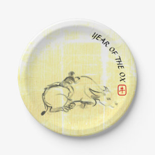 Original painting Water Buffalo Child Ox Year PP Paper Plates