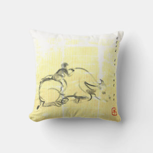 Original painting Water Buffalo Child Ox Year SqP Throw Pillow