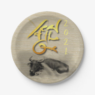 Original Painting Water Buffalo Ox New Year PP Paper Plates