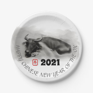 Original Painting Water Buffalo Ox New Year PP Paper Plates