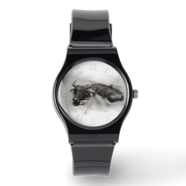 Original Painting Water Buffalo Ox Year Zodiac W Watch (Front)