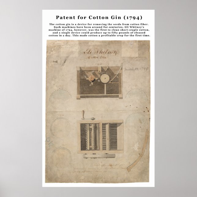 ORIGINAL Patent for the Cotton Gin (1794) Poster (Front)