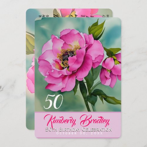 Original Peony F watercolors 50th Birthday Party I Invitation