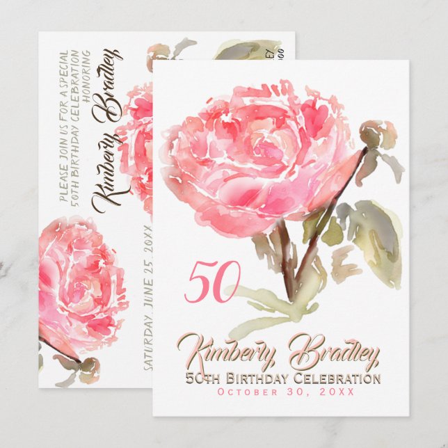 Original Peony watercolors 50th Birthday Party FCI Invitation (Front/Back)