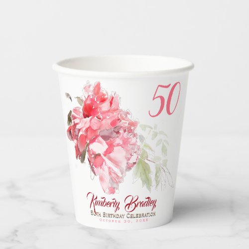Original Peony watercolors 50th Birthday Party Pc Paper Cups