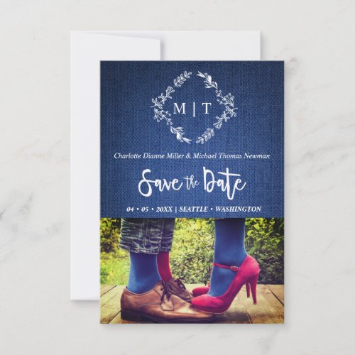 Original Photo Engaged Couple Blue Textile Effect Save The Date