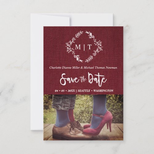 Original Photo Engaged Couple Red Textile Effect Save The Date