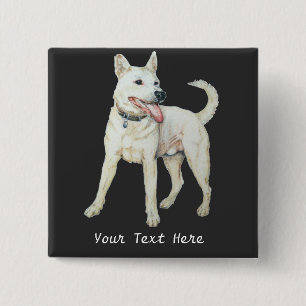 original picture of panting white American bulldog Button