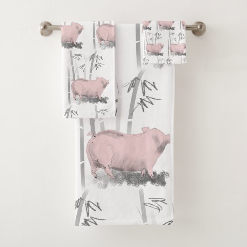 Original Pig Bamboos painting Choose color BTS Bath Towel Set