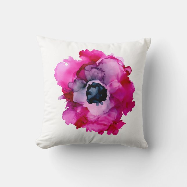 ORIGINAL pink peony handpainted-white/fuchsia Throw Pillow (Front)