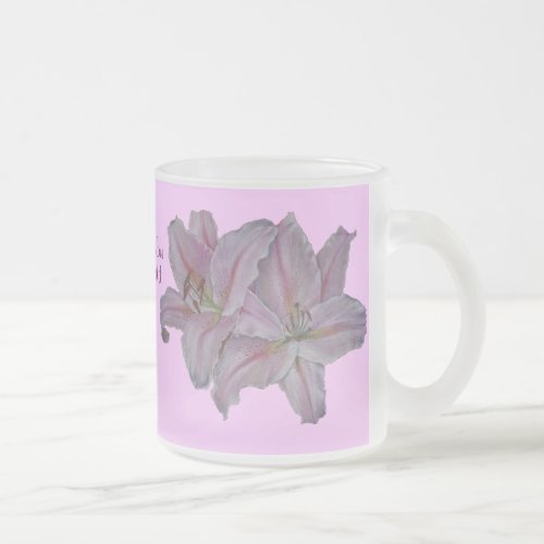 original pretty lillies pink flowers floral frosted glass coffee mug