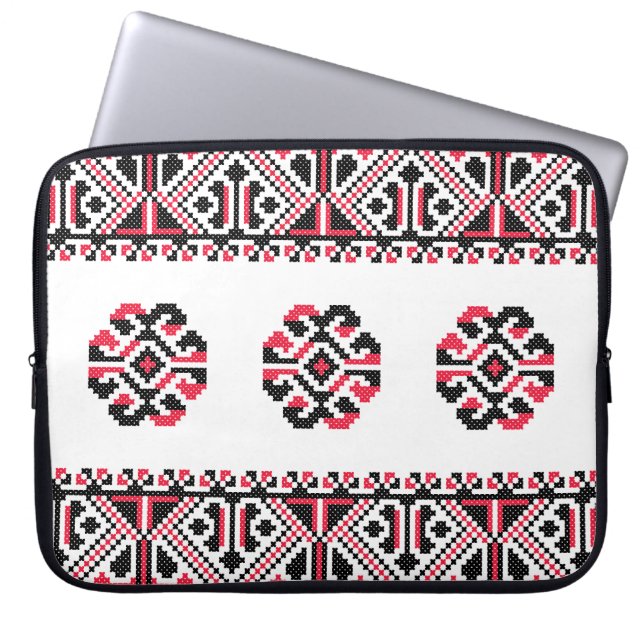 Original Red and Black cross-stitch Pattern Laptop Sleeve (Front)