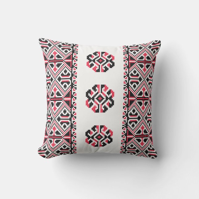 Original Red and Black cross-stitch Pattern Throw Pillow (Front)