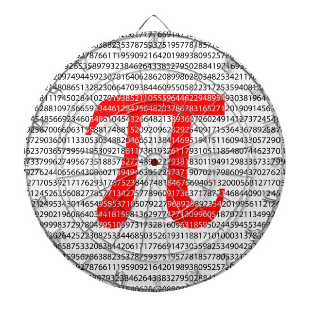 Original red number pi day mathematical symbol dartboard with darts (Front)