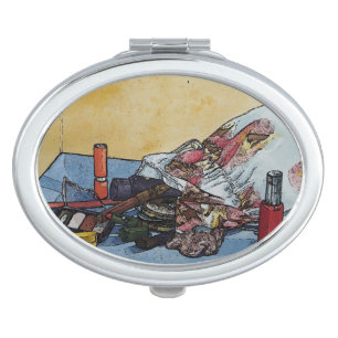 original still life picture of vintage make up bag compact mirror