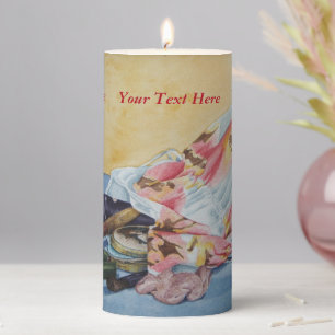 original still life picture of vintage make up bag pillar candle