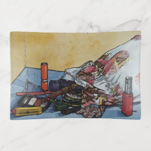 original still life picture of vintage make up bag trinket tray