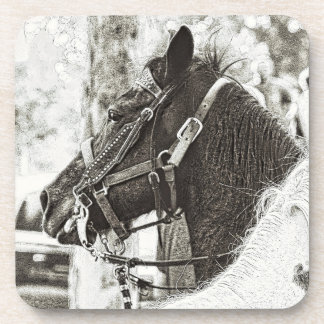 Original stylized black & white graphic art horse beverage coaster