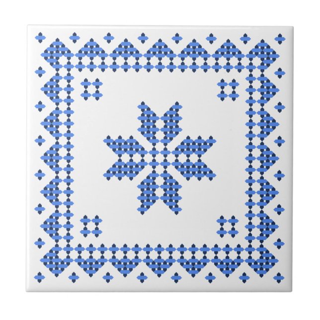 Original traditional ethnic blue cross-stitch ceramic tile (Front)