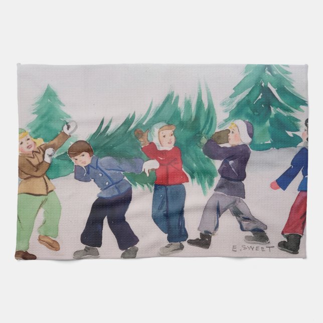 Original Vintage Christmas Art Tea Towel (Horizontal)