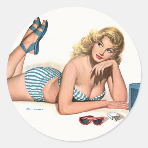 Original vintage Pin up with radio poster Classic Round Sticker