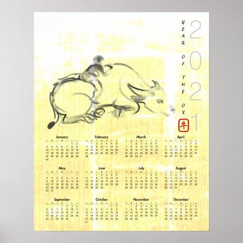 Original Water Buffalo Child Ox Year Calendar P Poster