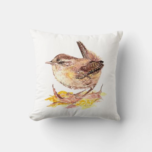 Original Watercolor Bird  Cute House Wren Throw Pillow