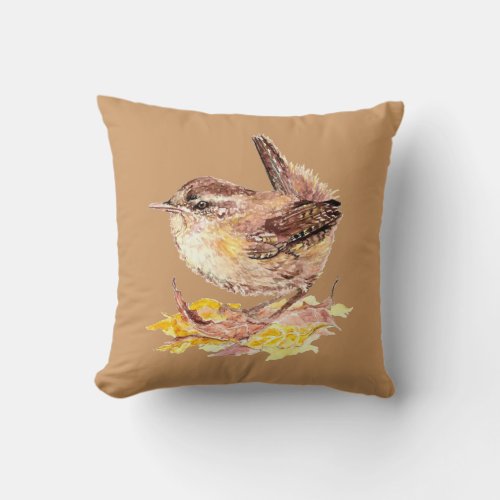 Original Watercolor Bird  Cute House Wren Throw Pillow