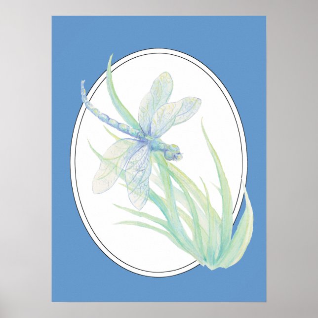 Original watercolor Blue Green Dragonfly Poster (Front)