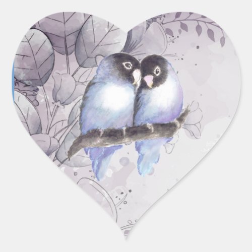 Original Watercolor Blue Lovebirds Bird Heart Sti Heart Sticker