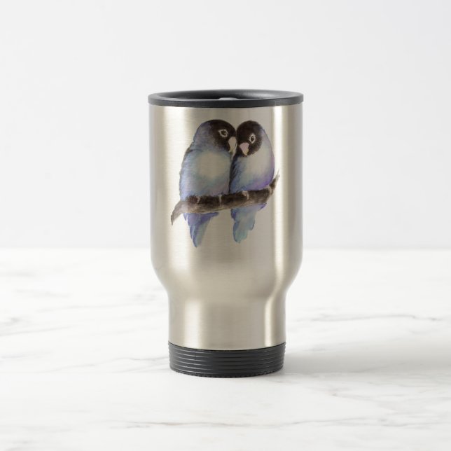 Original Watercolor Blue Lovebirds, Bird Travel Mug (Center)