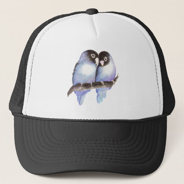 Original Watercolor Blue Lovebirds, Bird Trucker Hat (Front)